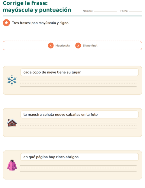 Vista previa de la hoja de Mayúsculas y puntuación con Invierno para grado 2