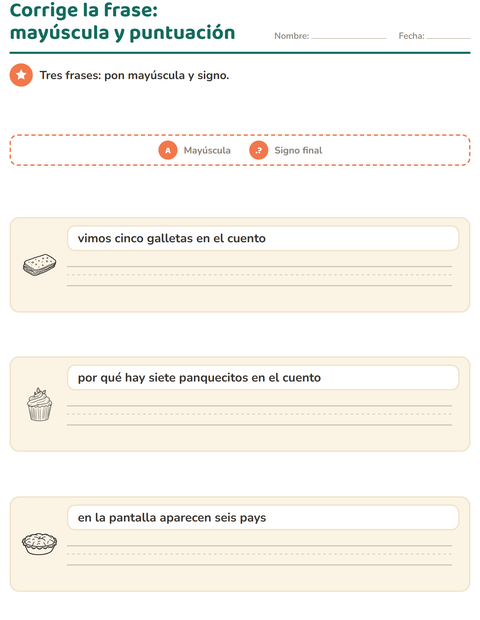 Vista previa de la hoja de Mayúsculas y puntuación con Postre (B/N) para grado 2