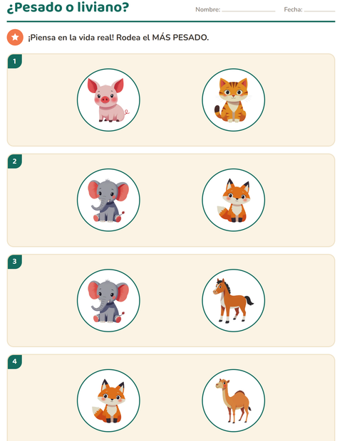 Vista previa de la hoja de Medición con Animales para jardín infantil