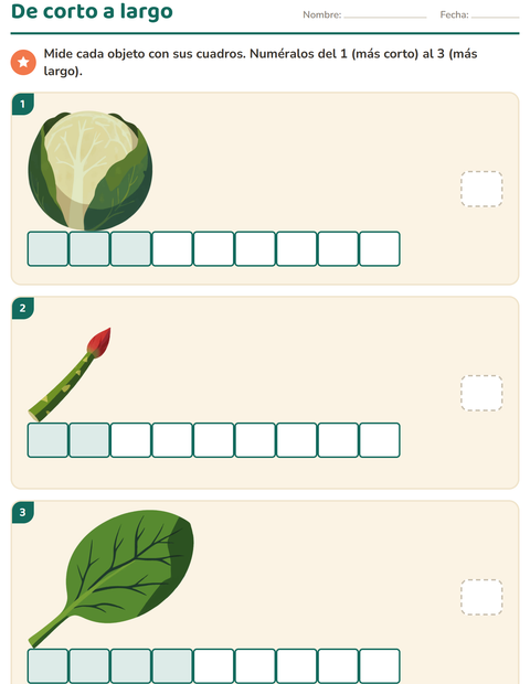 Vista previa de la hoja de Medición con Verduras para grado 1