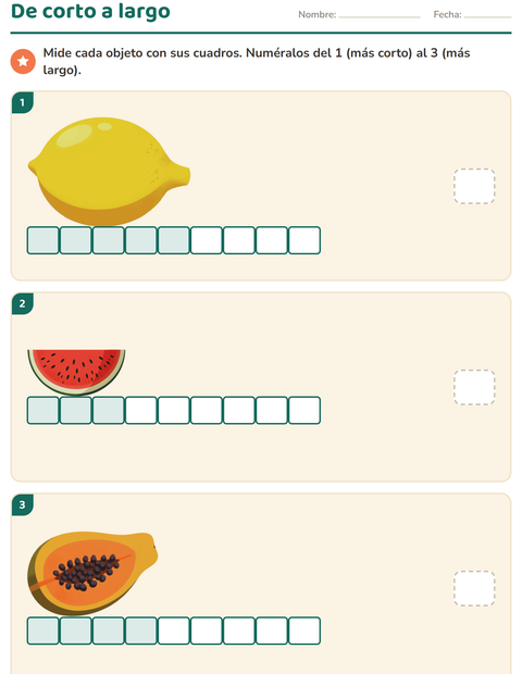 Vista previa de la hoja de Medición con Frutas para grado 1