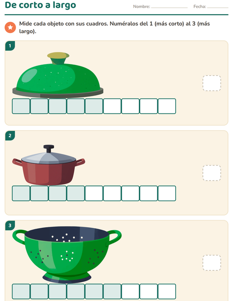Vista previa de la hoja de Medición con Utensilios de cocina para grado 1