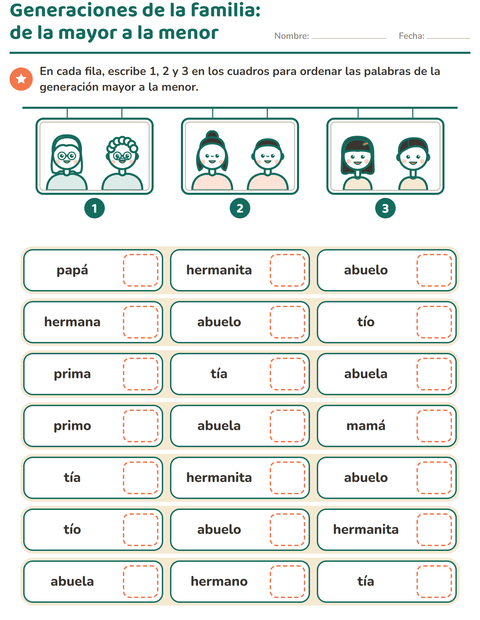 Vista previa de la hoja de Miembros de la familia para grado 1