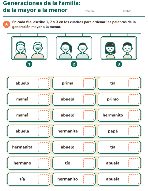 Vista previa de la hoja de Miembros de la familia para grado 1