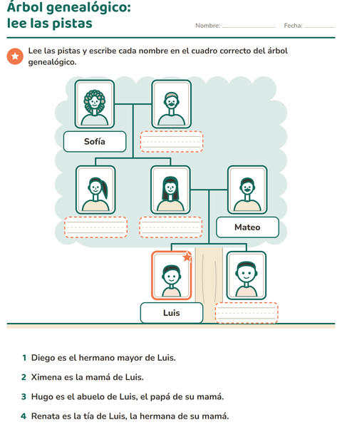 Árbol genealógico con pistas: lee y escribe cada nombre en su cuadro