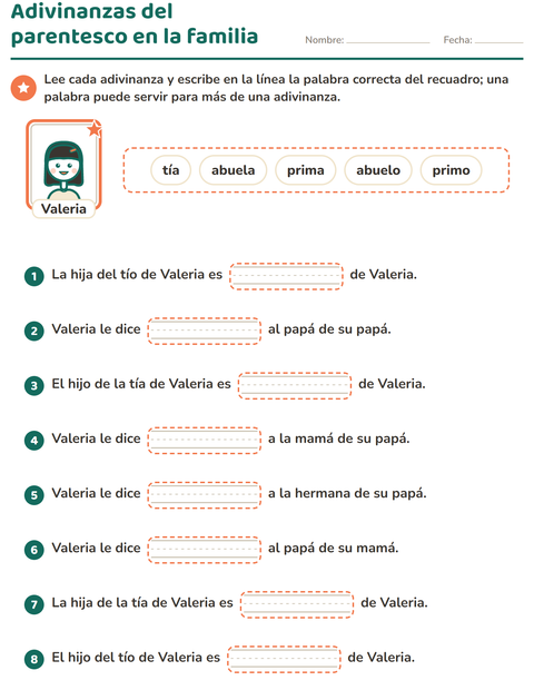 Vista previa de la hoja de Miembros de la familia para grado 2