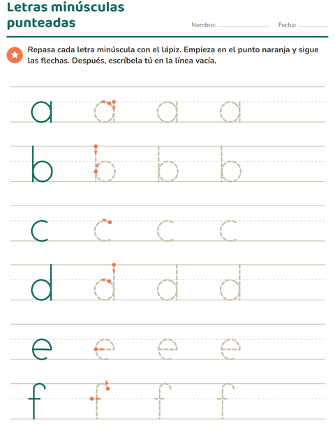 Minúsculas punteadas: de la a a la f sobre pauta