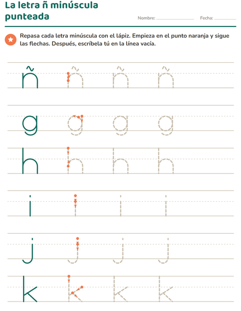 La ñ minúscula punteada y las letras g, h, i, j, k