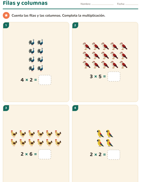 Vista previa de la hoja de Multiplicación con Aves 2 para grado 2