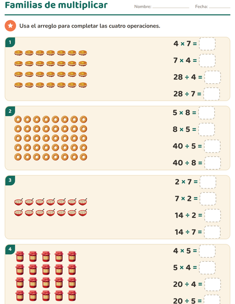 Vista previa de la hoja de Multiplicación con Desayuno para grado 3