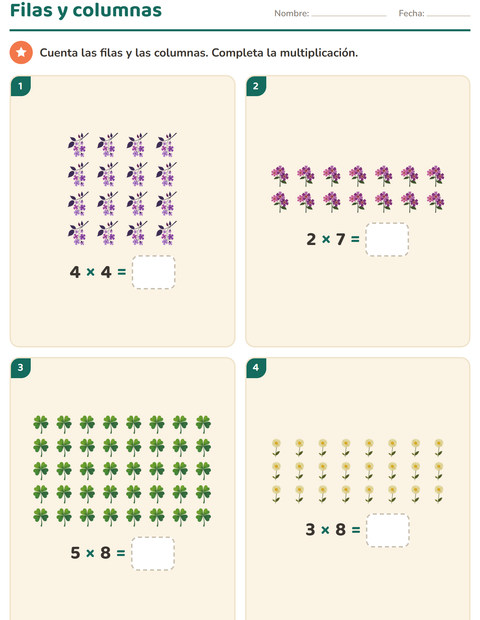 Vista previa de la hoja de Multiplicación con Flores para grado 2