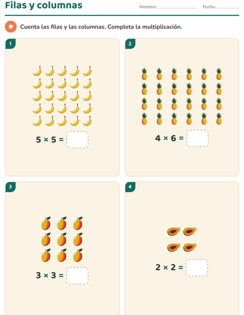 Vista previa de la hoja de Multiplicación con Frutas para grado 2