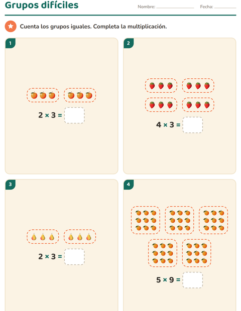 Vista previa de la hoja de Multiplicación con Frutas para grado 3
