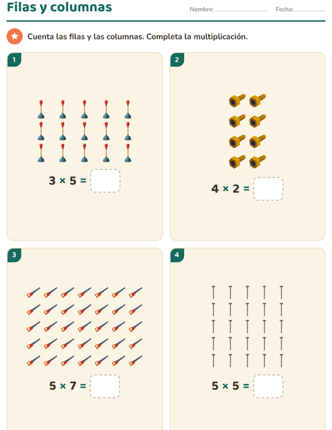 Vista previa de la hoja de Multiplicación con Herramientas para grado 2