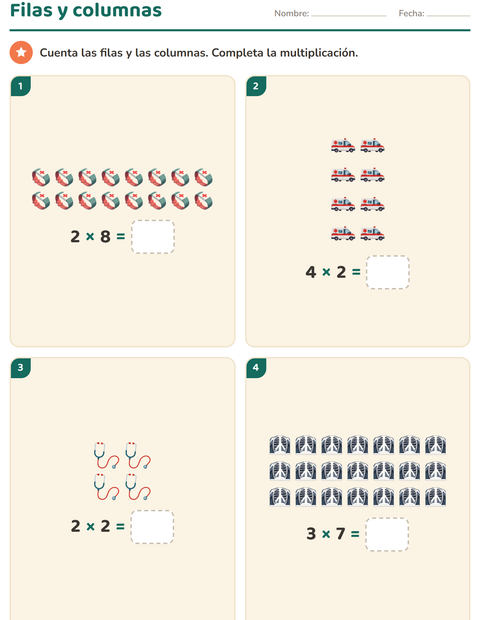Vista previa de la hoja de Multiplicación con Hospital para grado 2