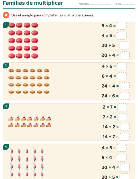 Vista previa de la hoja de Multiplicación con Postres y dulces para grado 3