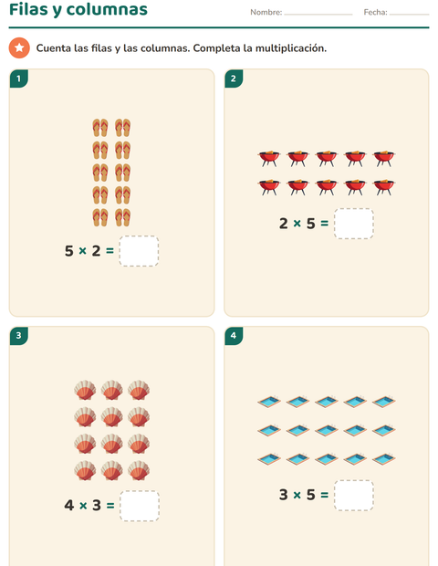 Vista previa de la hoja de Multiplicación con Verano para grado 2