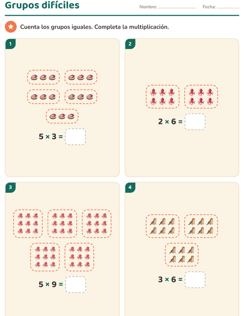 Vista previa de la hoja de Multiplicación con Vida marina para grado 3
