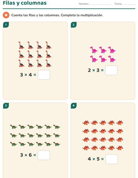 Vista previa de la hoja de Multiplicación con Dinosaurios para grado 2