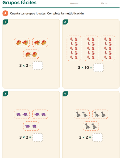 Vista previa de la hoja de Multiplicación con Dinosaurios para grado 2