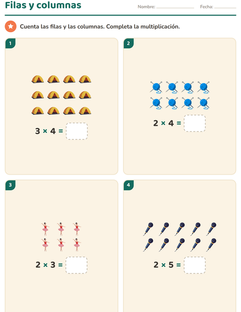 Vista previa de la hoja de Multiplicación con Actividades para grado 2