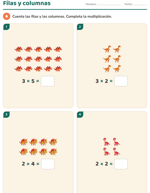 Vista previa de la hoja de Multiplicación con Dinosaurios para grado 2