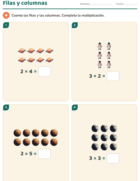 Vista previa de la hoja de Multiplicación con Espacio para grado 2