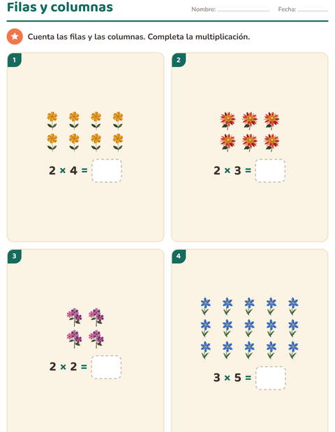 Vista previa de la hoja de Multiplicación con Flores para grado 2