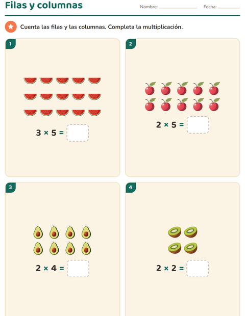 Vista previa de la hoja de Multiplicación con Frutas para grado 2