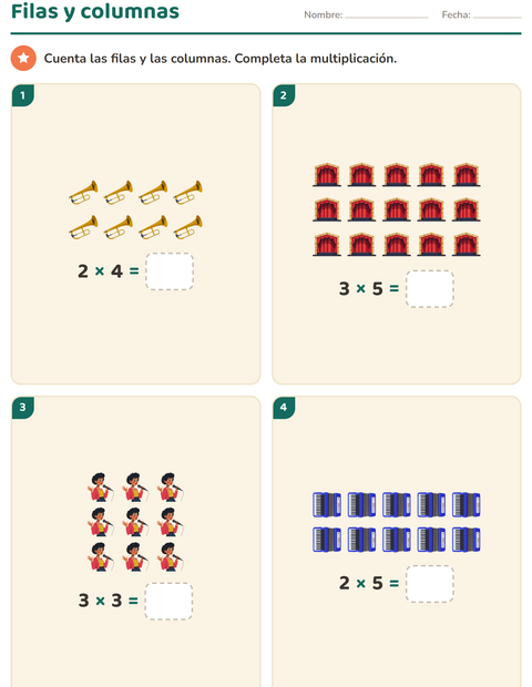 Vista previa de la hoja de Multiplicación con Música para grado 2
