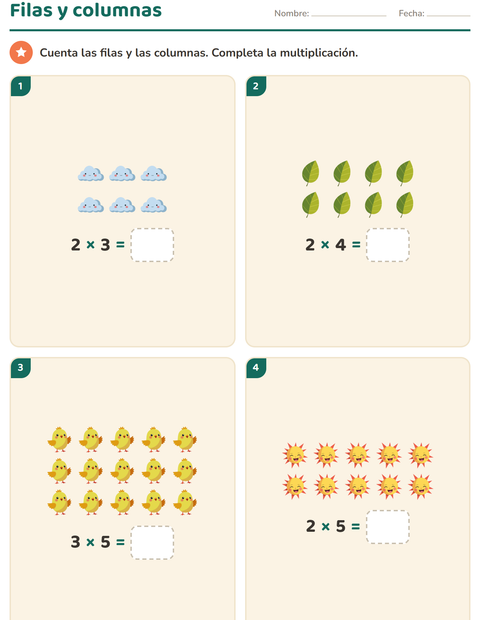 Vista previa de la hoja de Multiplicación con Primavera para grado 2