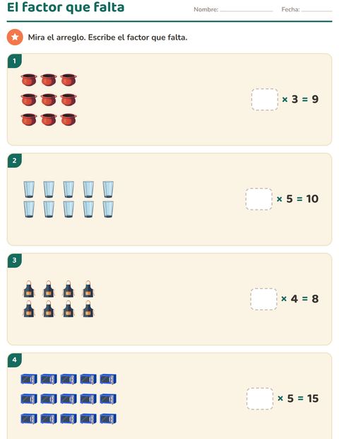 Vista previa de la hoja de Multiplicación con Utensilios de cocina para grado 3