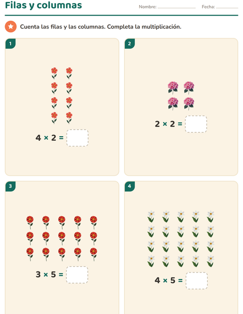 Vista previa de la hoja de Multiplicación con Flores para grado 2