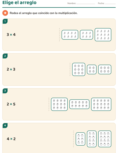 Vista previa de la hoja de Multiplicación con Frutas BN para grado 2