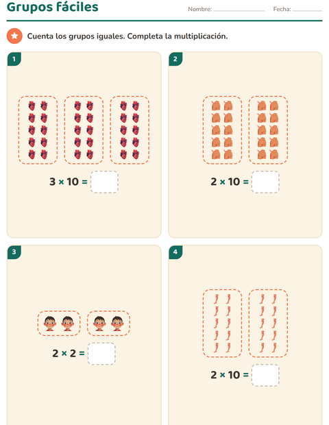 Vista previa de la hoja de Multiplicación con Partes del cuerpo para grado 2