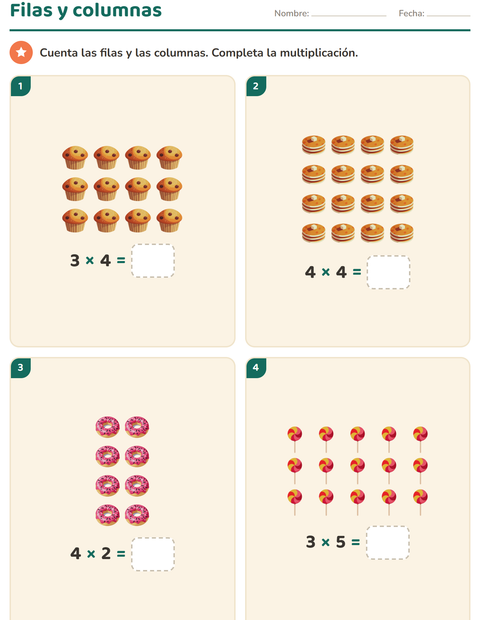 Vista previa de la hoja de Multiplicación con Postres y dulces para grado 2