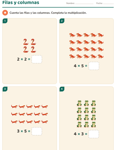 Vista previa de la hoja de Multiplicación con Reptiles y anfibios para grado 2