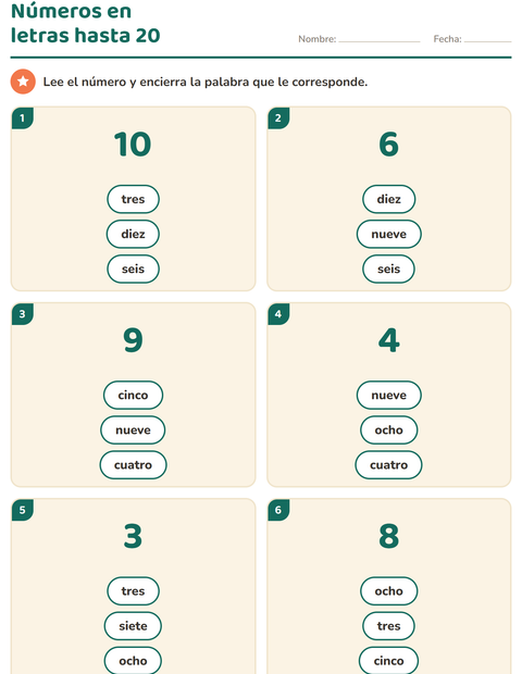 Vista previa de la hoja de Números en letras para grado 1