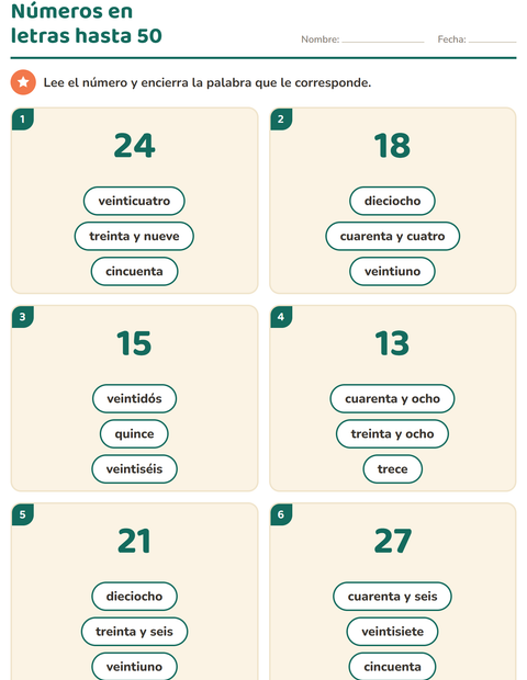 Vista previa de la hoja de Números en letras para grado 1