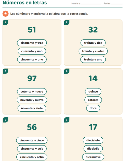Vista previa de la hoja de Números en letras para grado 1