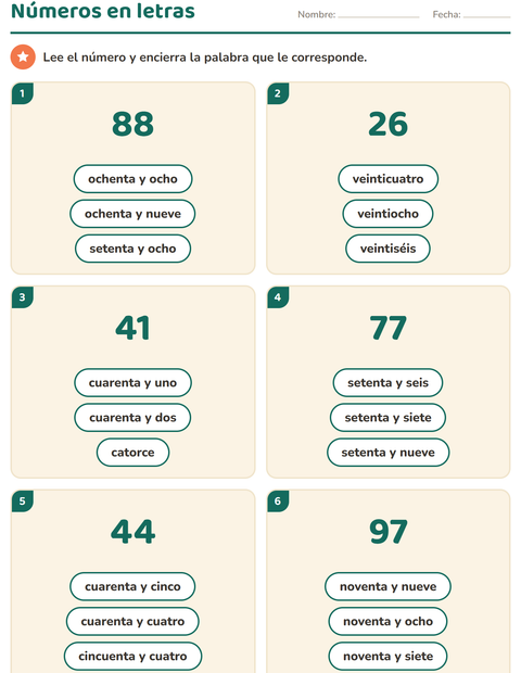 Vista previa de la hoja de Números en letras para grado 1