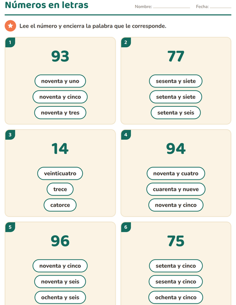 Vista previa de la hoja de Números en letras para grado 1
