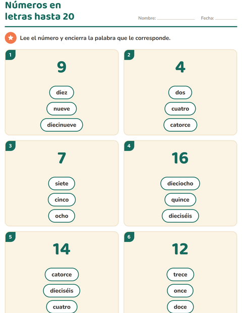 Vista previa de la hoja de Números en letras para grado 1