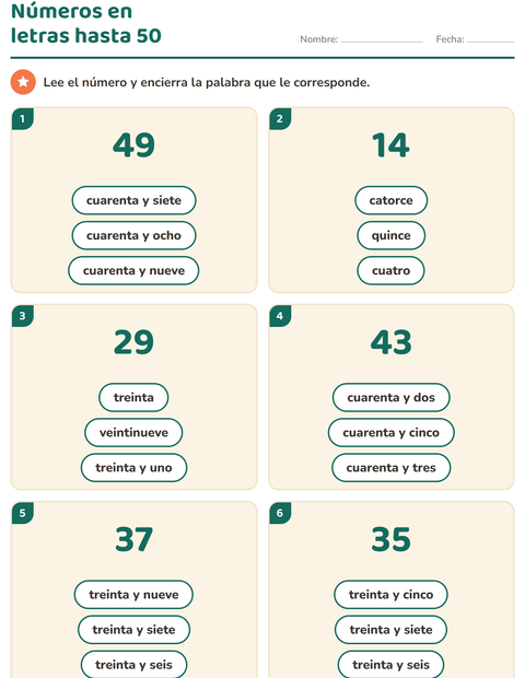 Vista previa de la hoja de Números en letras para grado 1