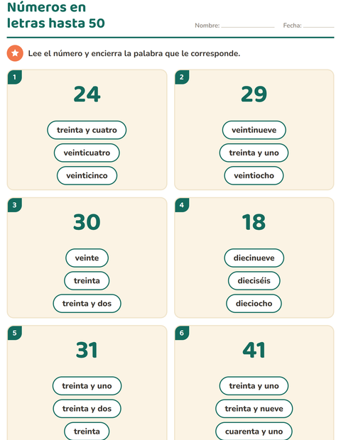 Vista previa de la hoja de Números en letras para grado 1