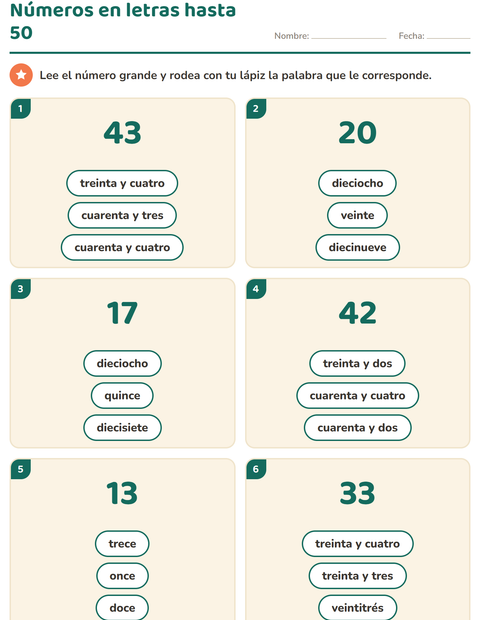 Números en letras hasta 50: compuestos con «y» en medio