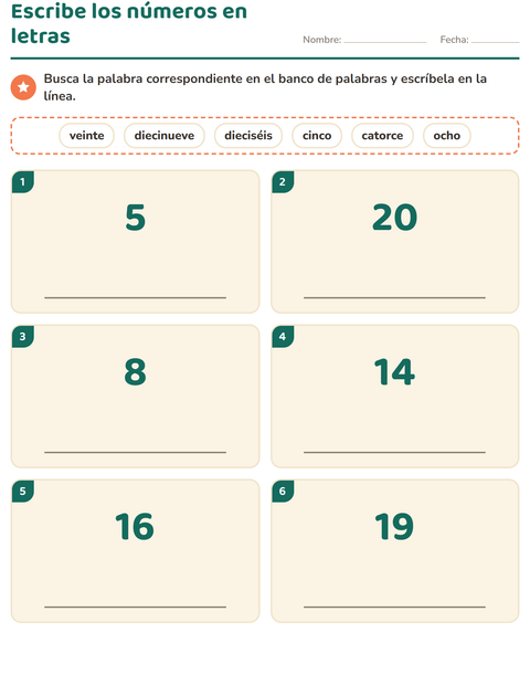 Escribe los números en letras con banco de palabras