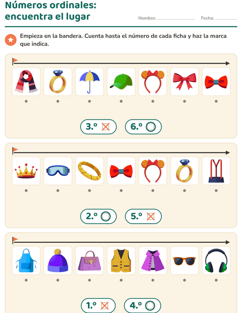 Vista previa de la hoja de Números ordinales con Accesorios para jardín infantil