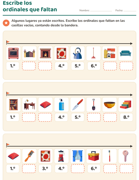 Vista previa de la hoja de Números ordinales con Alrededor de la casa para grado 1