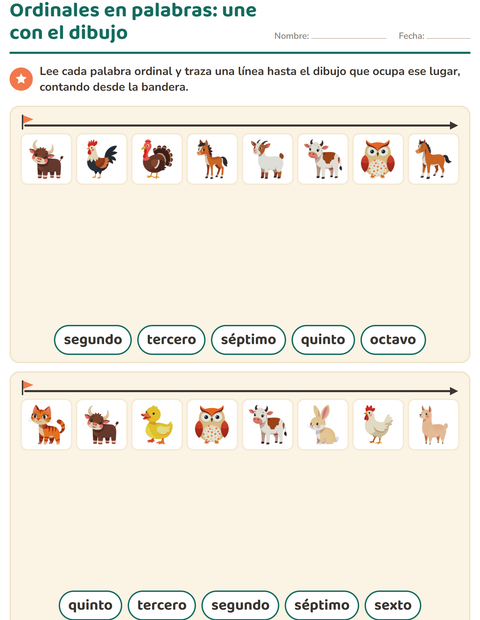 Ordinales en palabras: une con el dibujo — primer grado